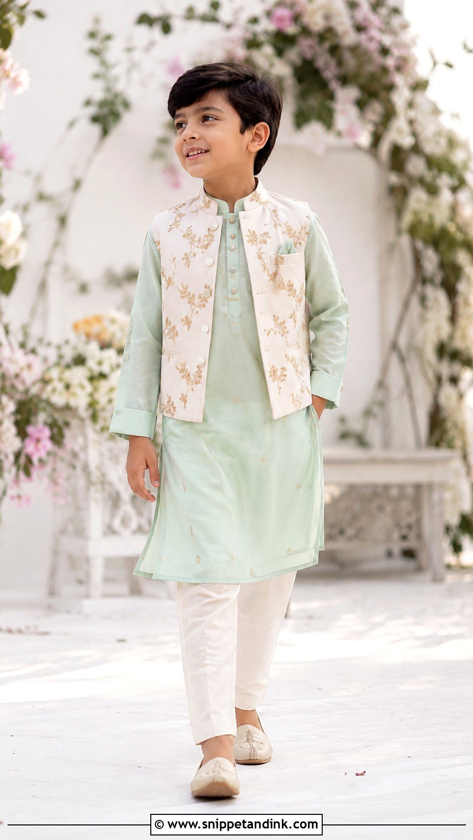 Mint Green Kurta Pajama With Embroidered Jacket - Snippet and Ink - 20 Kurta for Boys Wedding Ideas