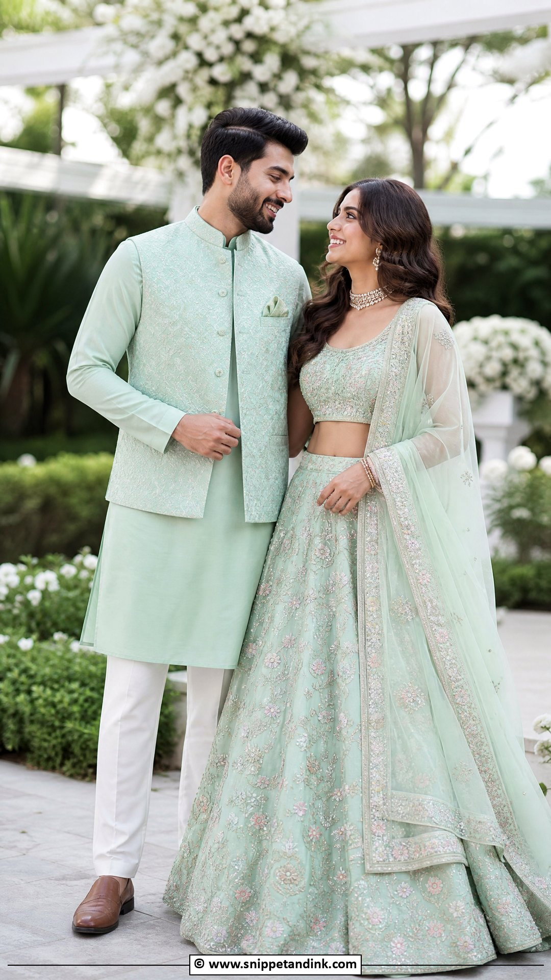 Mint Green Lehenga And Mint Kurta - Snippet and Ink - 35 Indian Couple Matching Dress Ideas