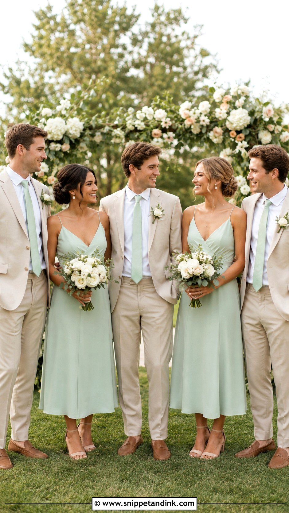 Mint Green Midi Dresses With Beige Suits - Snippet and Ink - 20 Green Wedding Party Attire Ideas