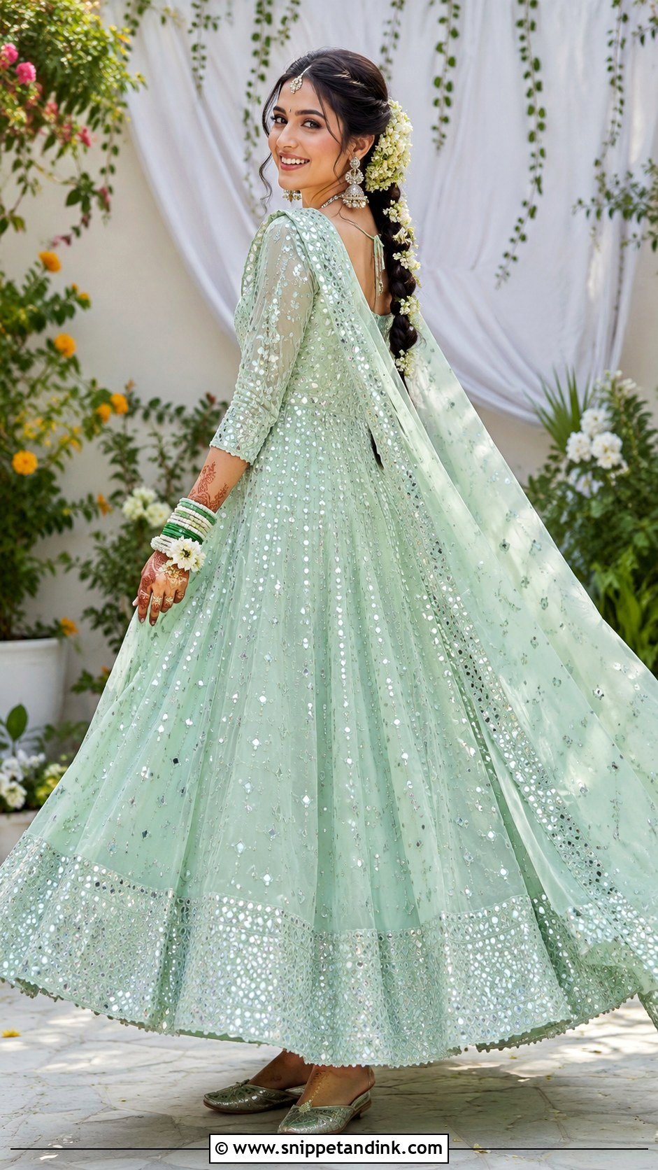 Mint Green Mirror Work Anarkali Bridal Dress - Snippet and Ink - 20 Anarkali Bridal Dress Ideas