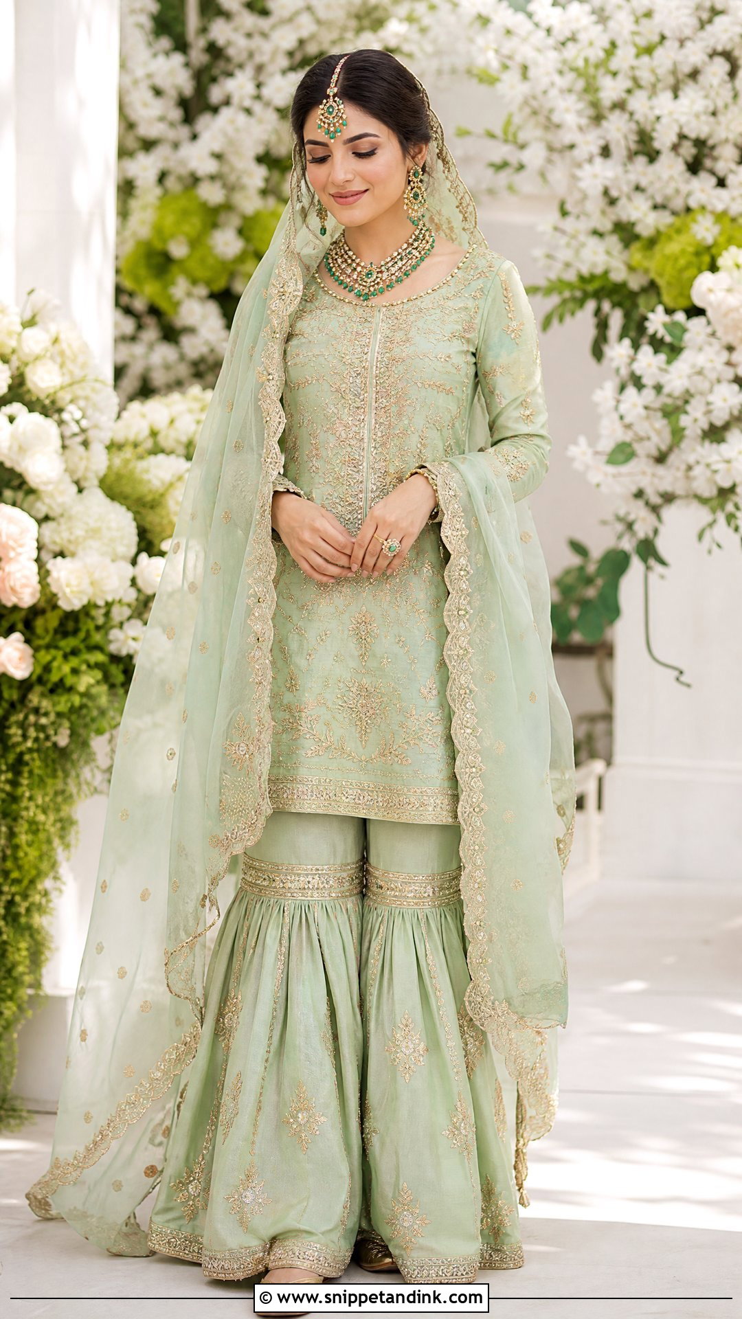 Mint Green Nikkah Garara With Gold Embroidery - Snippet and Ink - 20 Nikkah Garara Ideas