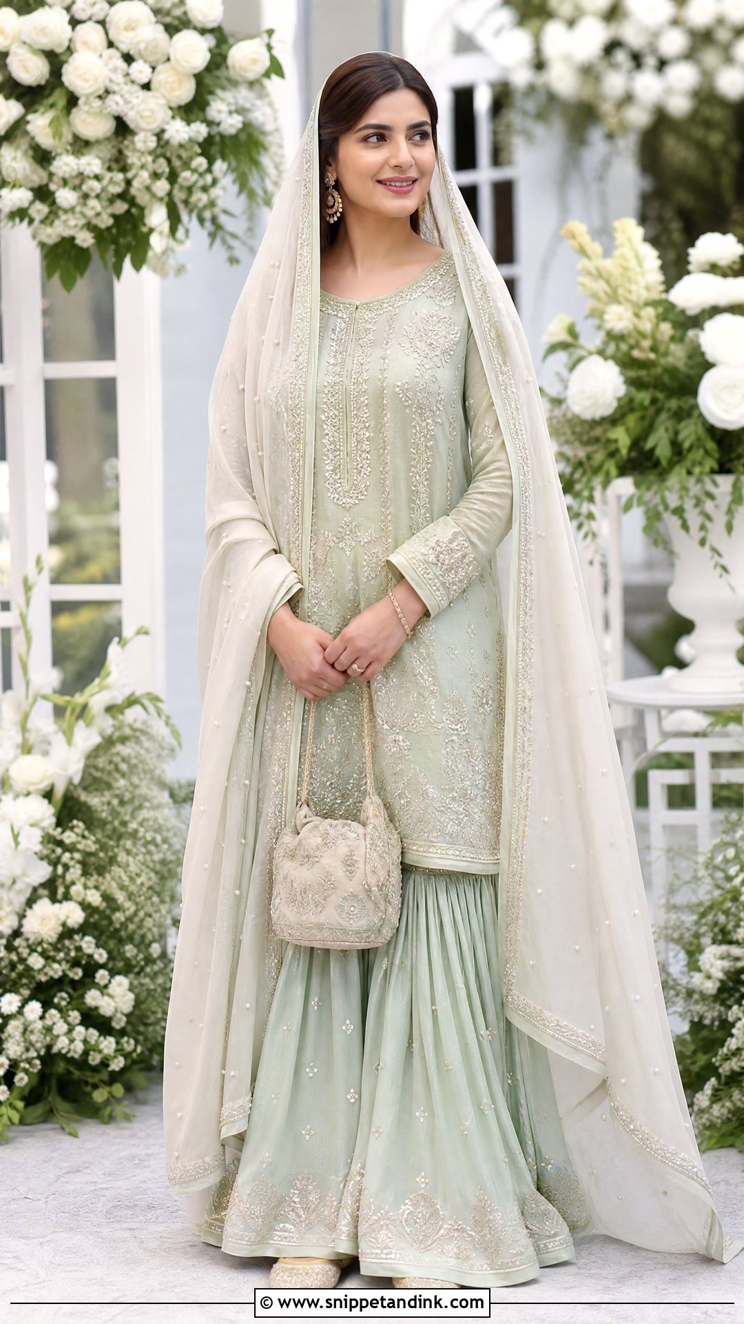 Mint Green Nikkah Gharara With Pearl Dupatta - Snippet and Ink - 20 Nikkah Gharara Outfit Ideas