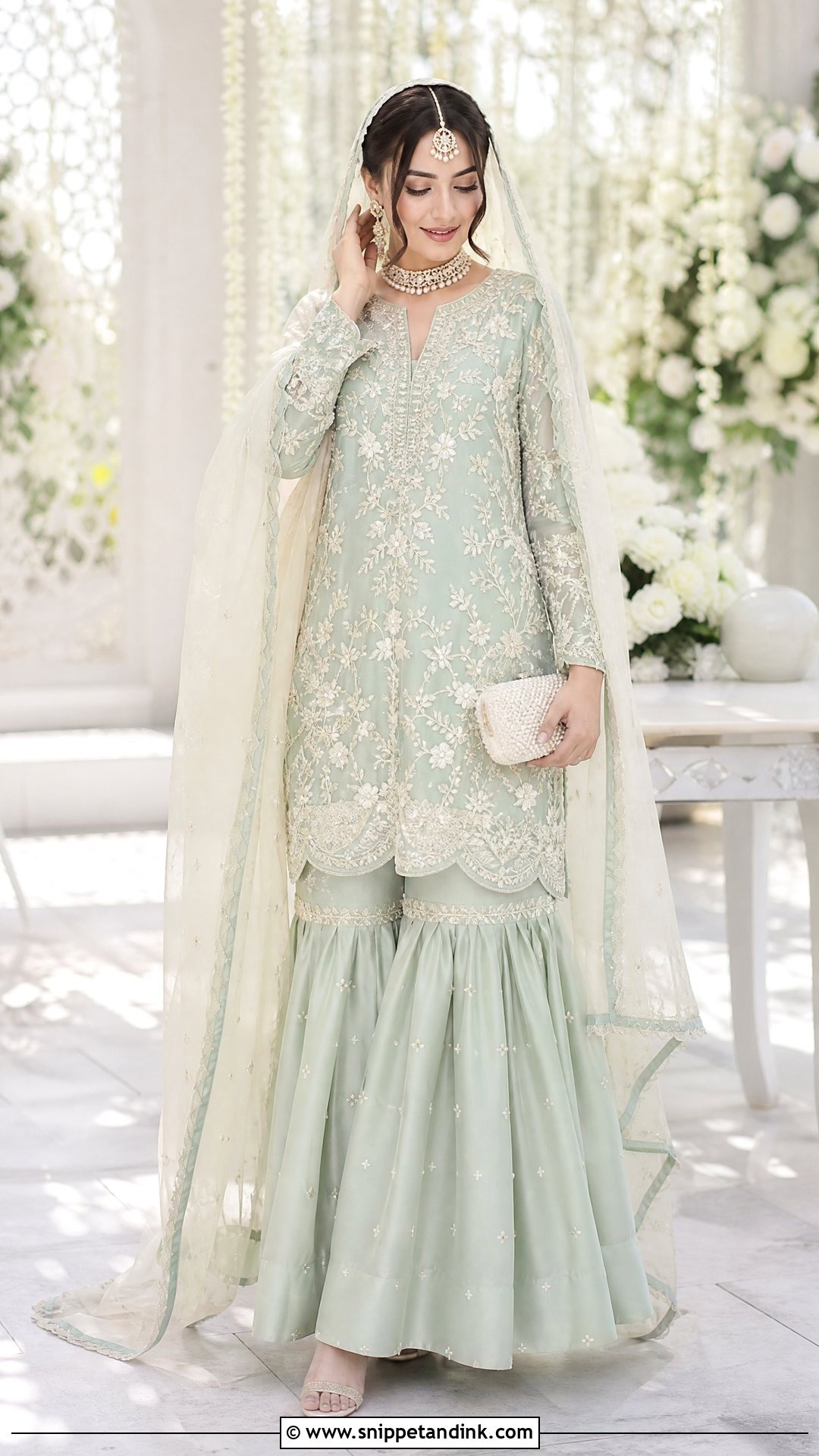 Mint Green Nikkah Sharara With Ivory Embroidery - Snippet and Ink - 20 Nikkah Sharara Ideas