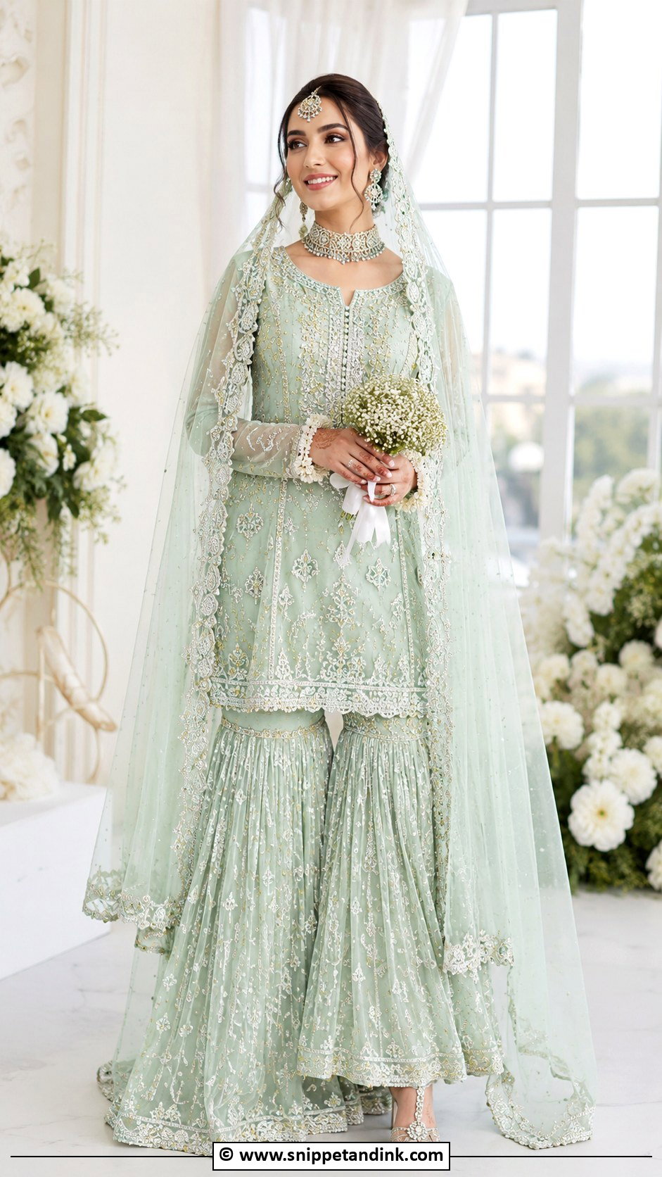 Mint Green Nikkah Sharara With Net Dupatta - Snippet and Ink - 30 Pakistani Nikkah Dress Ideas