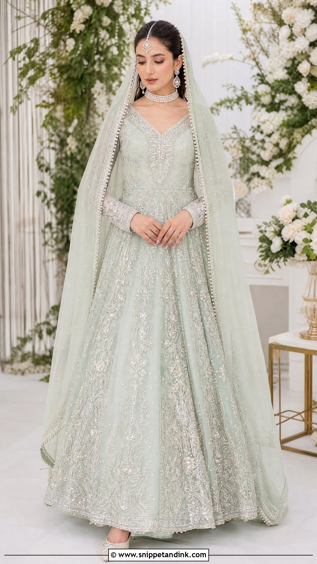 Mint Green Pakistani Bridal Gown With Pearl Dupatta - Snippet and Ink - 20 Pakistani Bridal Gown Ideas