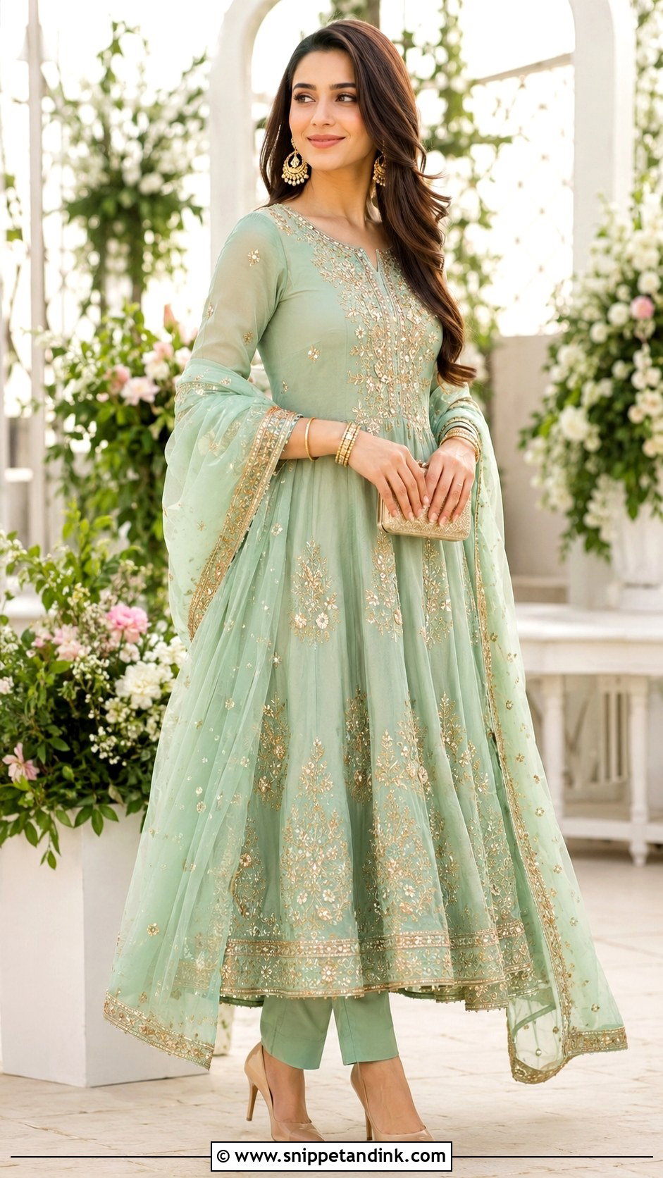 Mint Green Pishwas With Gold Details - Snippet and Ink - 30 Pakistani Wedding Dresses