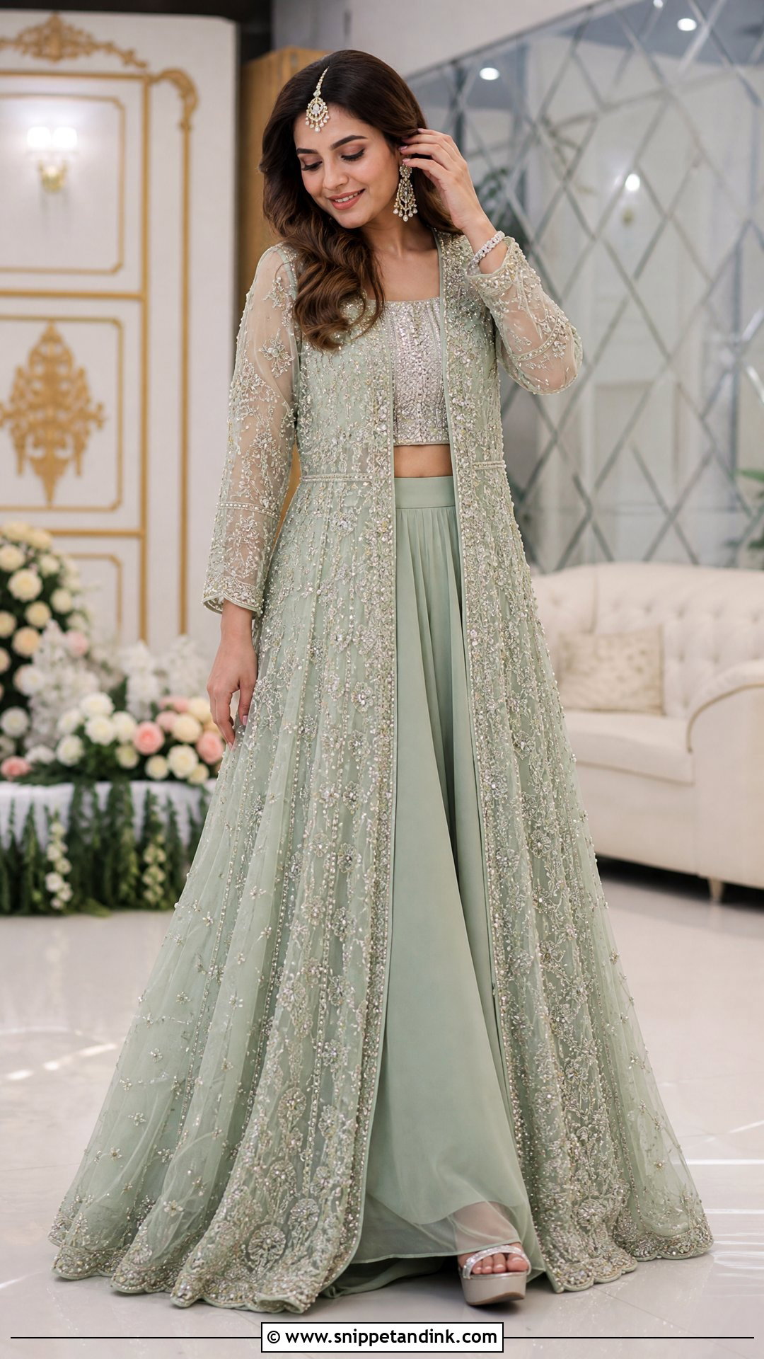 Mint Green Sangeet Front Open Maxi - Snippet and Ink - 20 Pakistani Bridal Sangeet Outfit Ideas