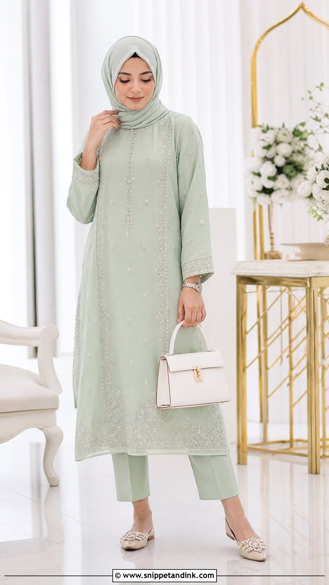 Mint Green Shirt And Pants With Hijab - Snippet and Ink - 20 Pakistani Hijab for Wedding Party Ideas