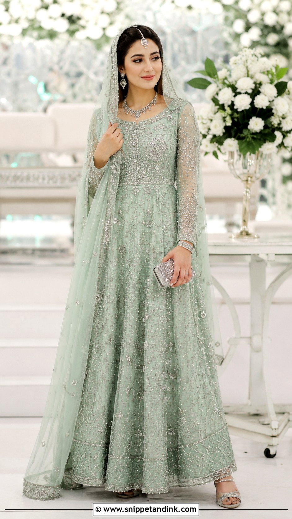 Mint Green Walima Gown With Dupatta - Snippet and Ink - 30 Indian Muslim Bridal Dress Ideas