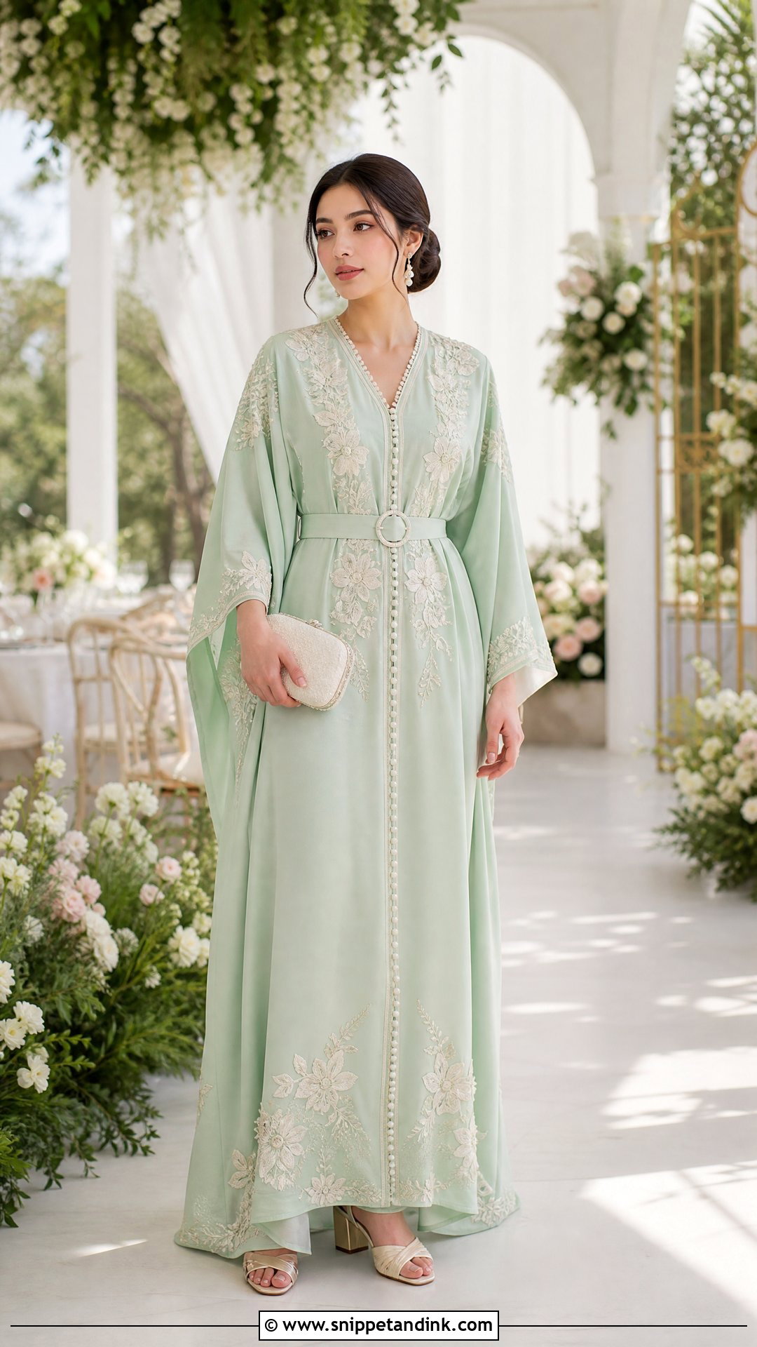 Mint Green Wedding Kaftan With Pearl Accessories - Snippet and Ink - 20 Wedding Kaftan Ideas