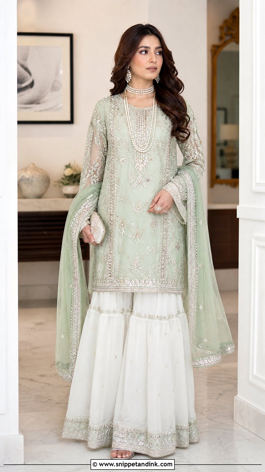 Mint Long Shirt With White Gharara - Snippet and Ink - 25 Pakistani Long Shirt Wedding Dress Ideas
