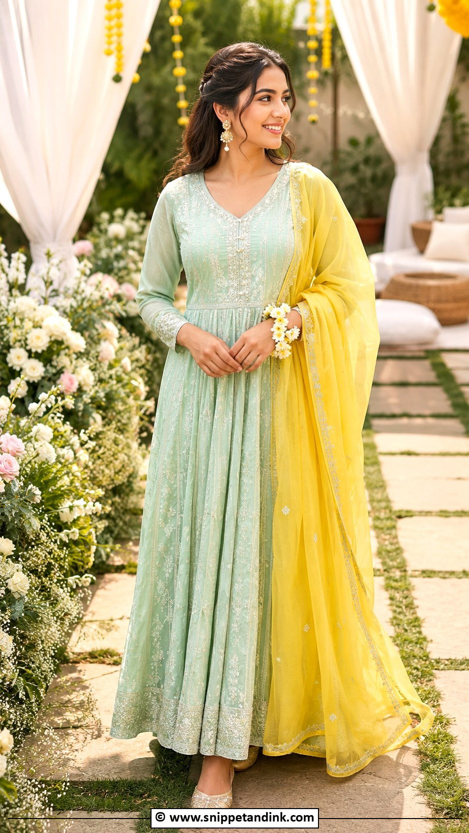 Mint Mehandi Anarkali With Yellow Dupatta - Snippet and Ink - 30 Mehandi Dress Ideas