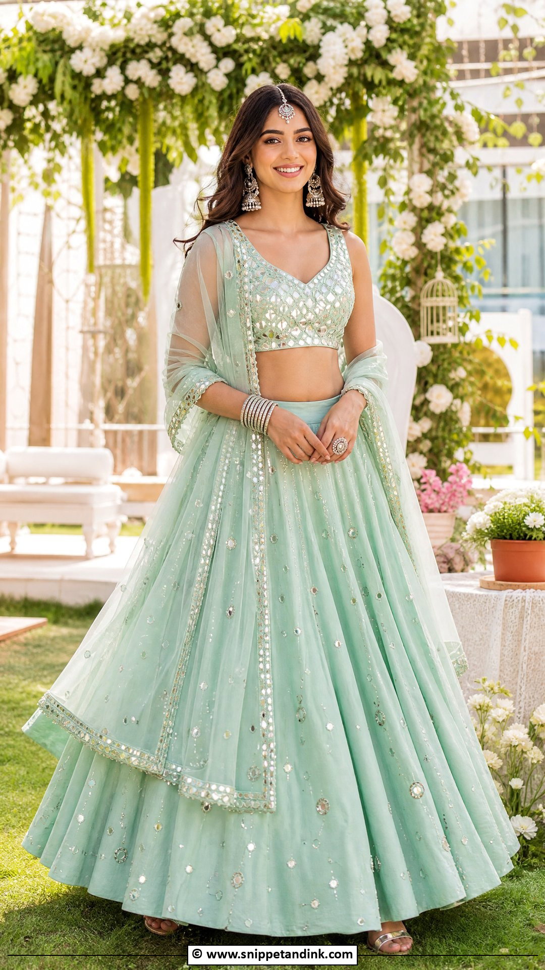 Mint Mehndi Lehenga With Mirror Blouse - Snippet and Ink - 35 Mehndi Dresses