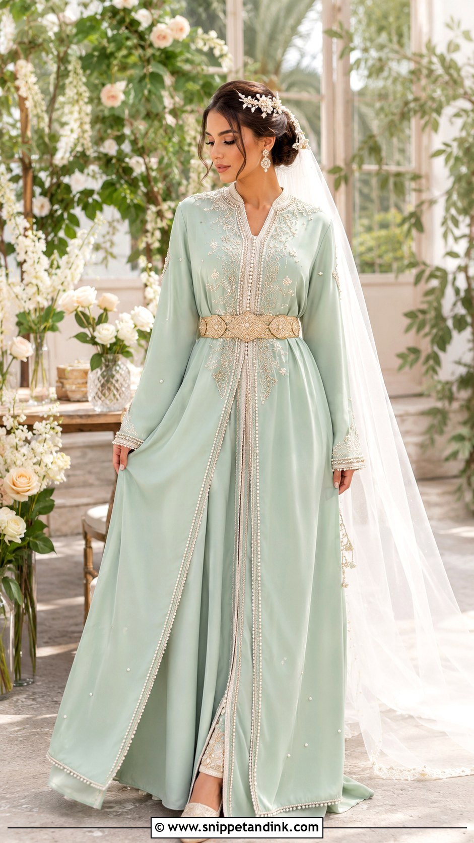 Mint Moroccan Bride Kaftan With Pearl Details - Snippet and Ink - 20 Moroccan Bride Dress Ideas