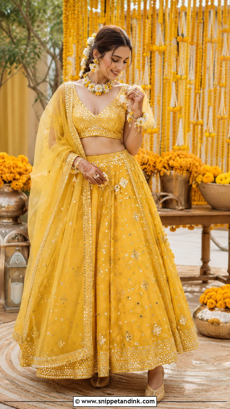 Mirror Work Bridal Haldi Lehenga - Snippet and Ink - 25 Bridal Haldi Dress Ideas