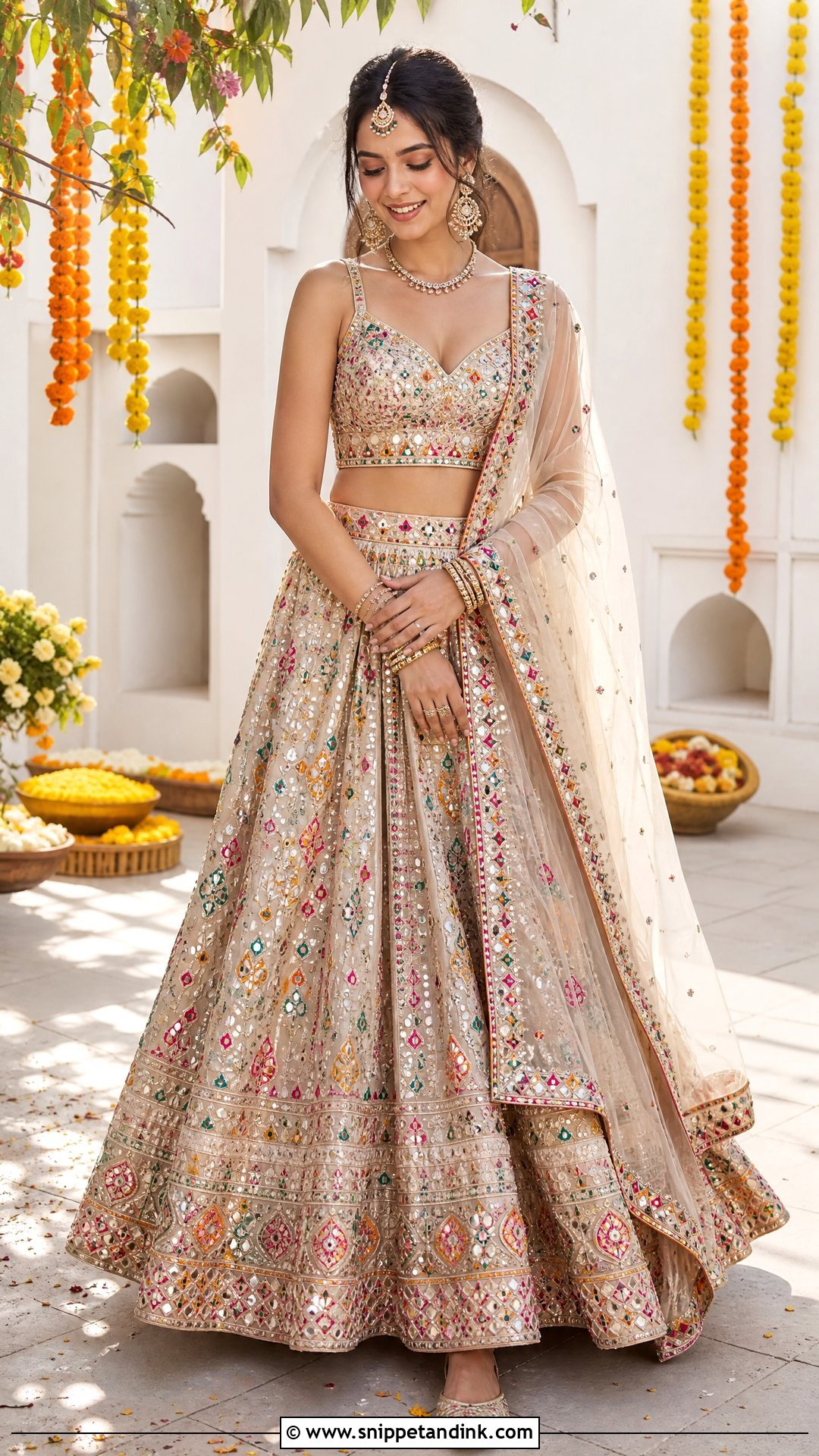 Mirror Work Bridal Langa With Minimal Jewelry - Snippet and Ink - 20 Bridal Langa Ideas