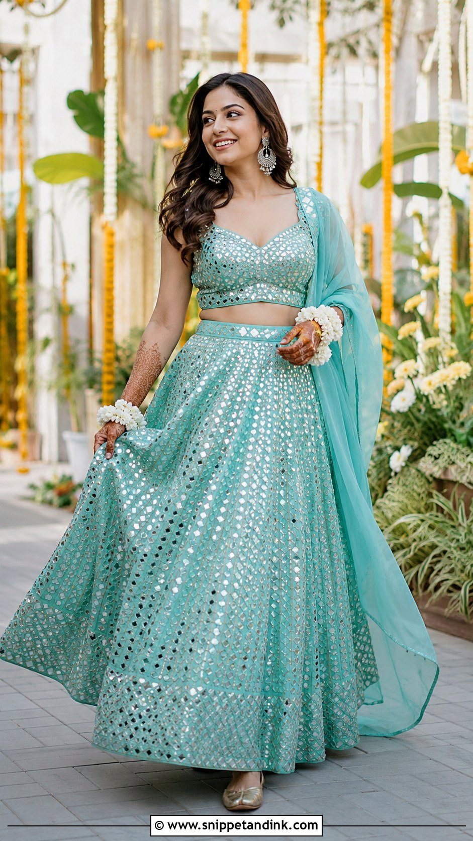 Mirror Work Bridal Mehendi Lehenga - Snippet and Ink - 20 Bridal Mehendi Outfit Ideas