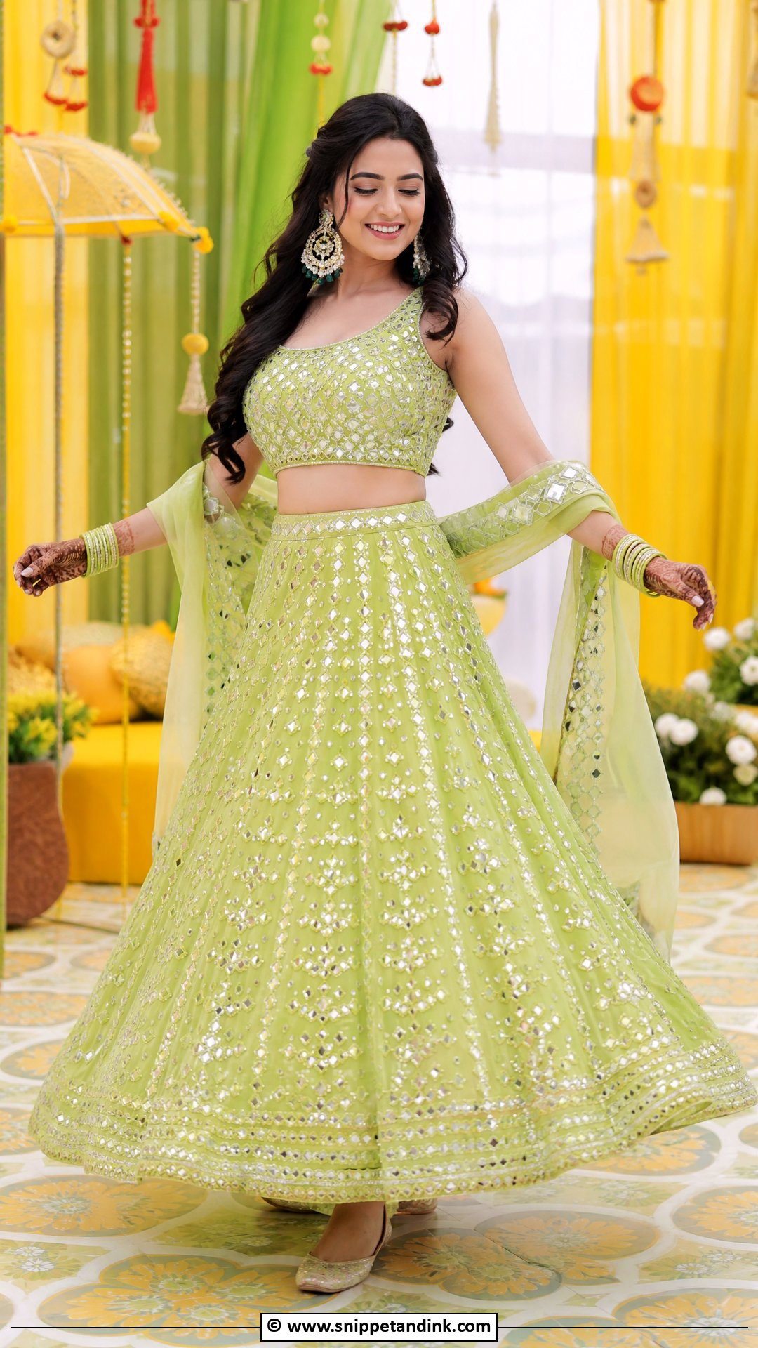 Mirror Work Bridal Mehndi Lehenga - Snippet and Ink - 35 Bridal Mehndi Outfit Ideas