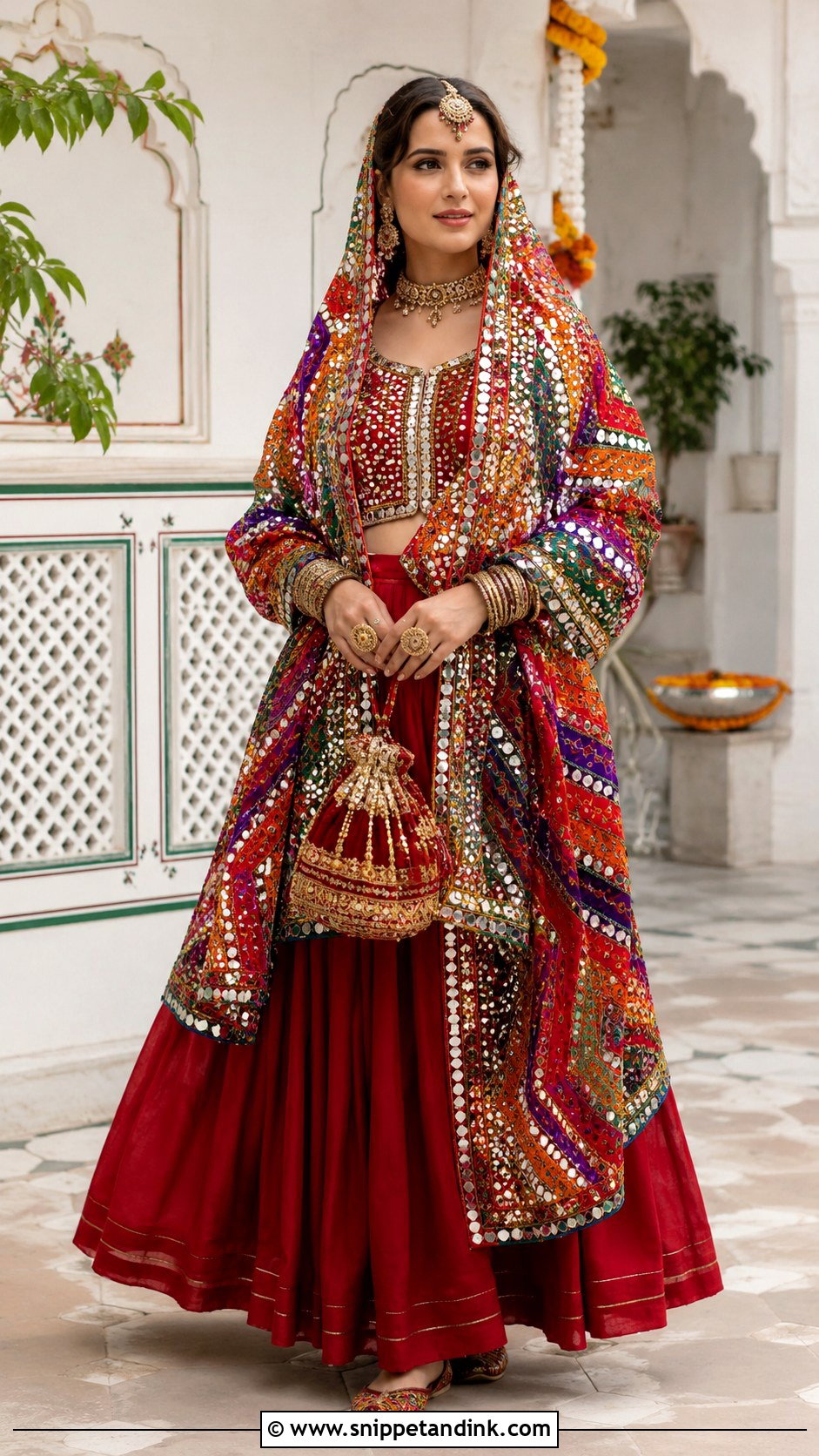 Mirror Work Chundadi With Plain Silk Lehenga - Snippet and Ink - 20 Chundadi Design for Marriage Ideas