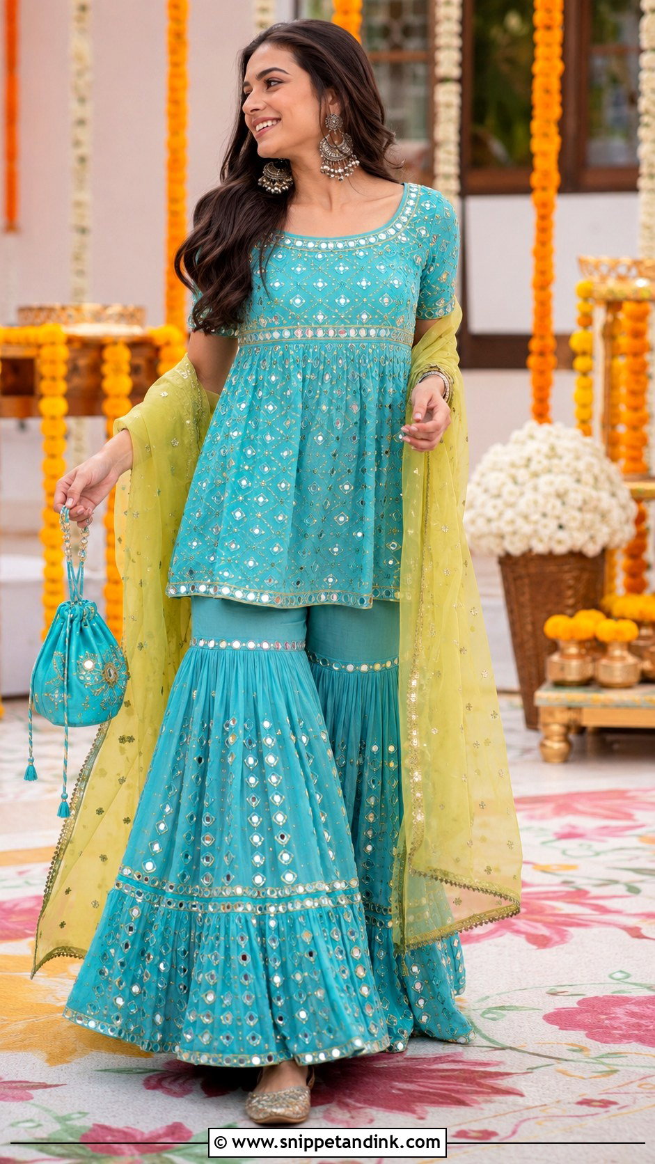 Mirror Work Gharara for Mehandi - Snippet and Ink - 20 Dress for Mehandi Ideas