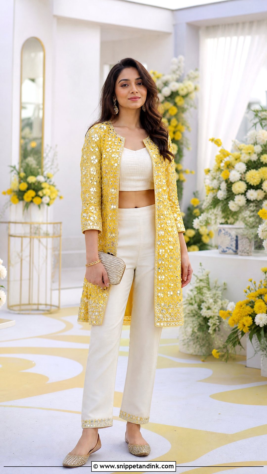 Mirror Work Jacket Pants Haldi Outfit - Snippet and Ink - 20 Haldi Indowestern Outfit Ideas
