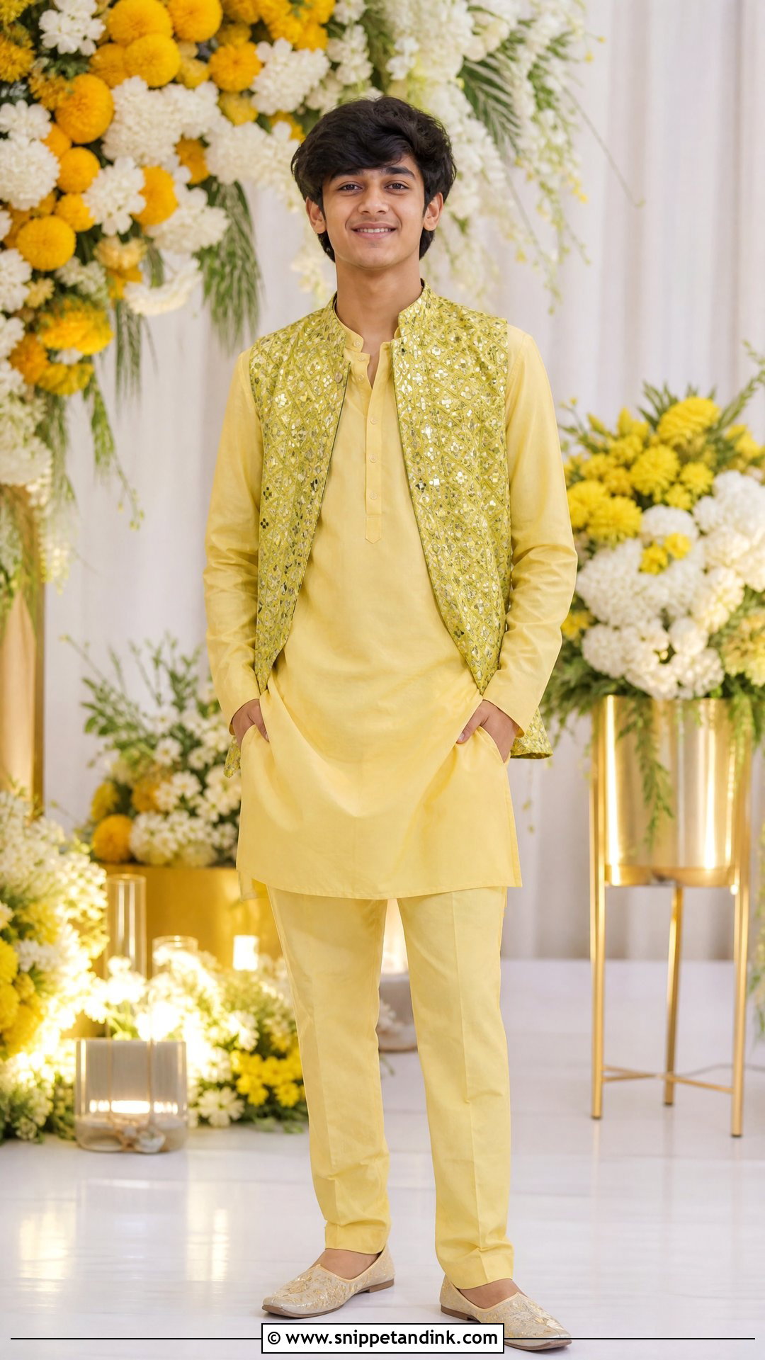 Mirror Work Jacket With Plain Kurta Haldi Outfit - Snippet and Ink - 20 Boys Haldi Outfit Ideas