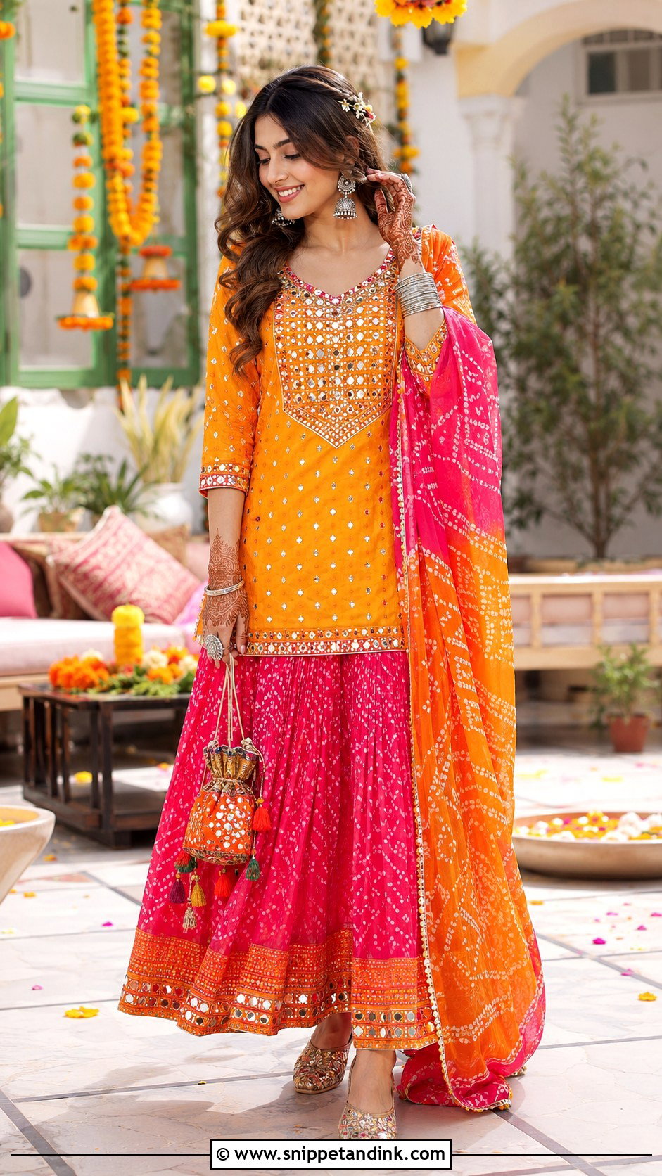 Mirror Work Kurti With Bandhani Skirt - Snippet and Ink - 20 Kurti Skirt Indian Weddings Ideas