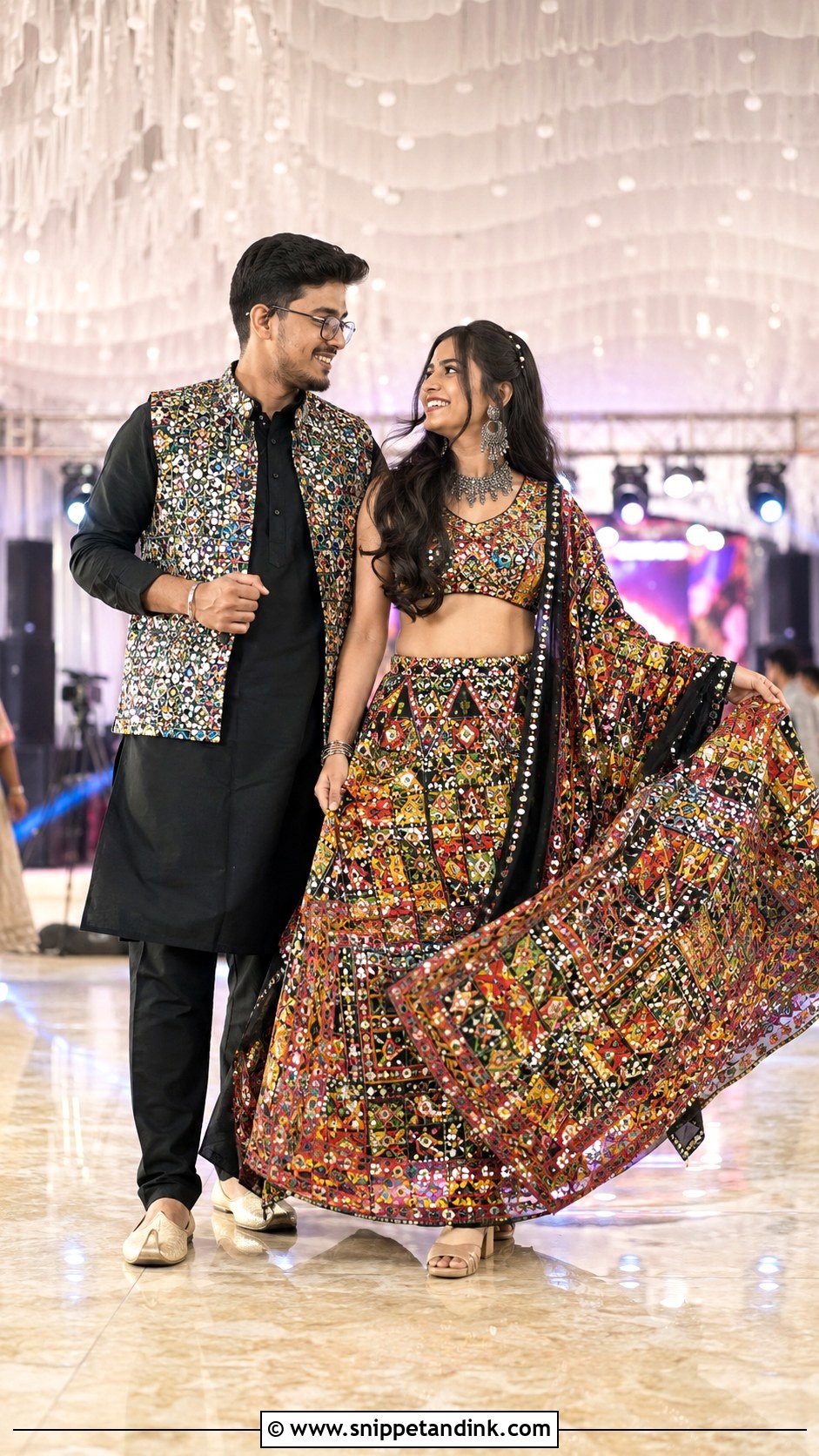 Mirror Work Lehenga And Embroidered Nehru Jacket - Snippet and Ink - 20 Couple Matching Dress Indian Wedding Ideas