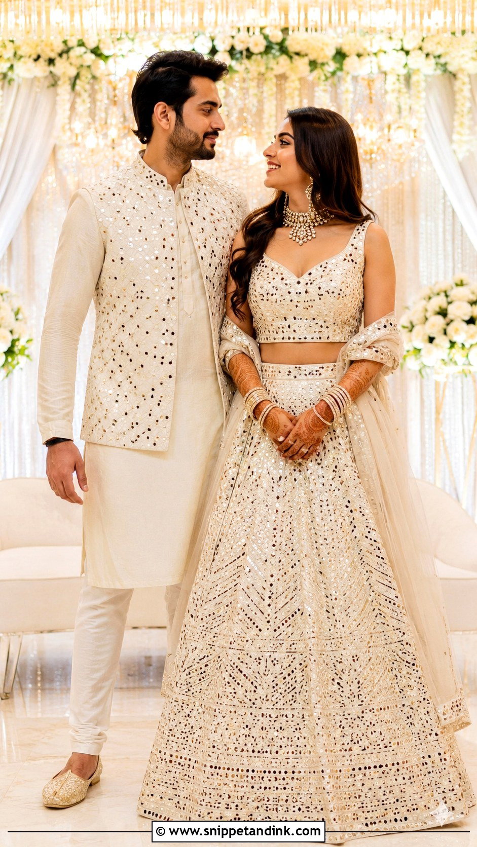 Mirror Work Lehenga And Kurta Jacket - Snippet and Ink - 25 Indian Couple Ring Ceremony Dress Ideas