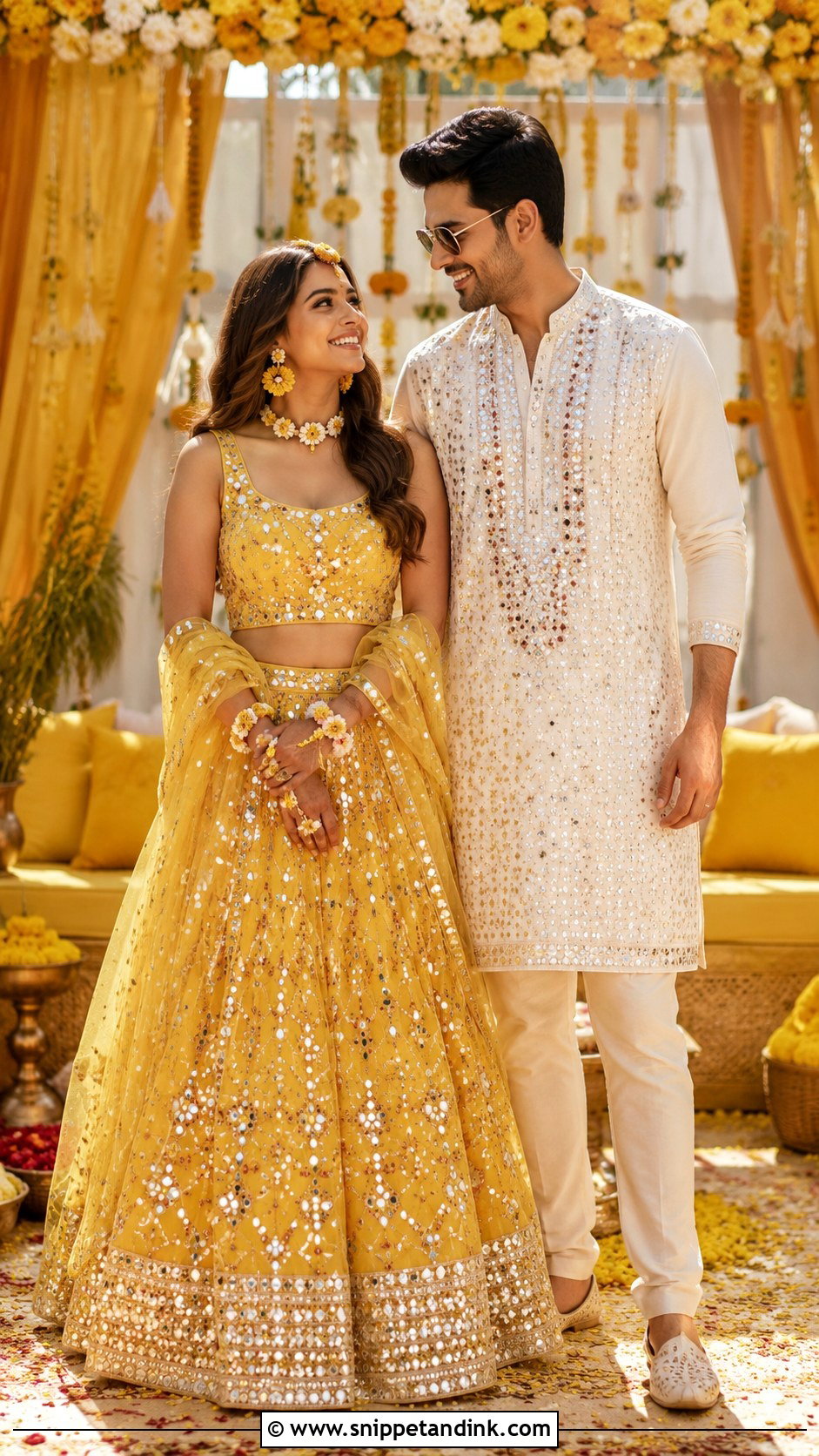 Mirror Work Lehenga And Mirror Work Kurta Haldi Couple Outfit - Snippet and Ink - 25 Haldi Couple Outfits