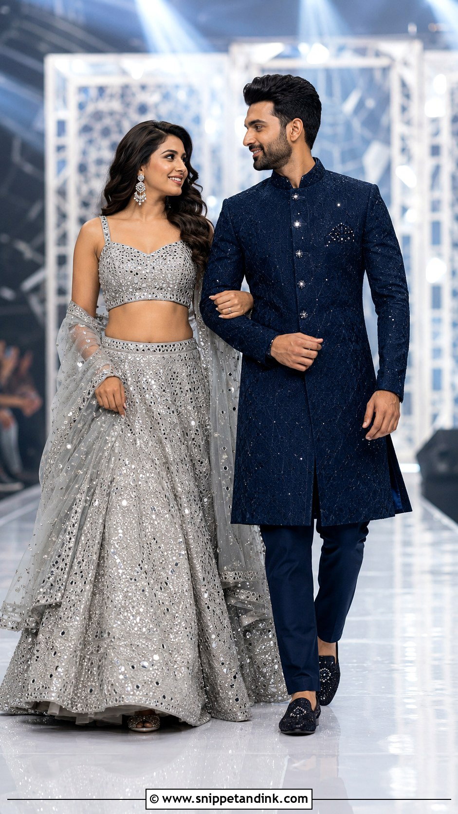 Mirror Work Lehenga And Navy Sherwani Sangeet Outfit - Snippet and Ink - 20 Indian Wedding Couple Outfits