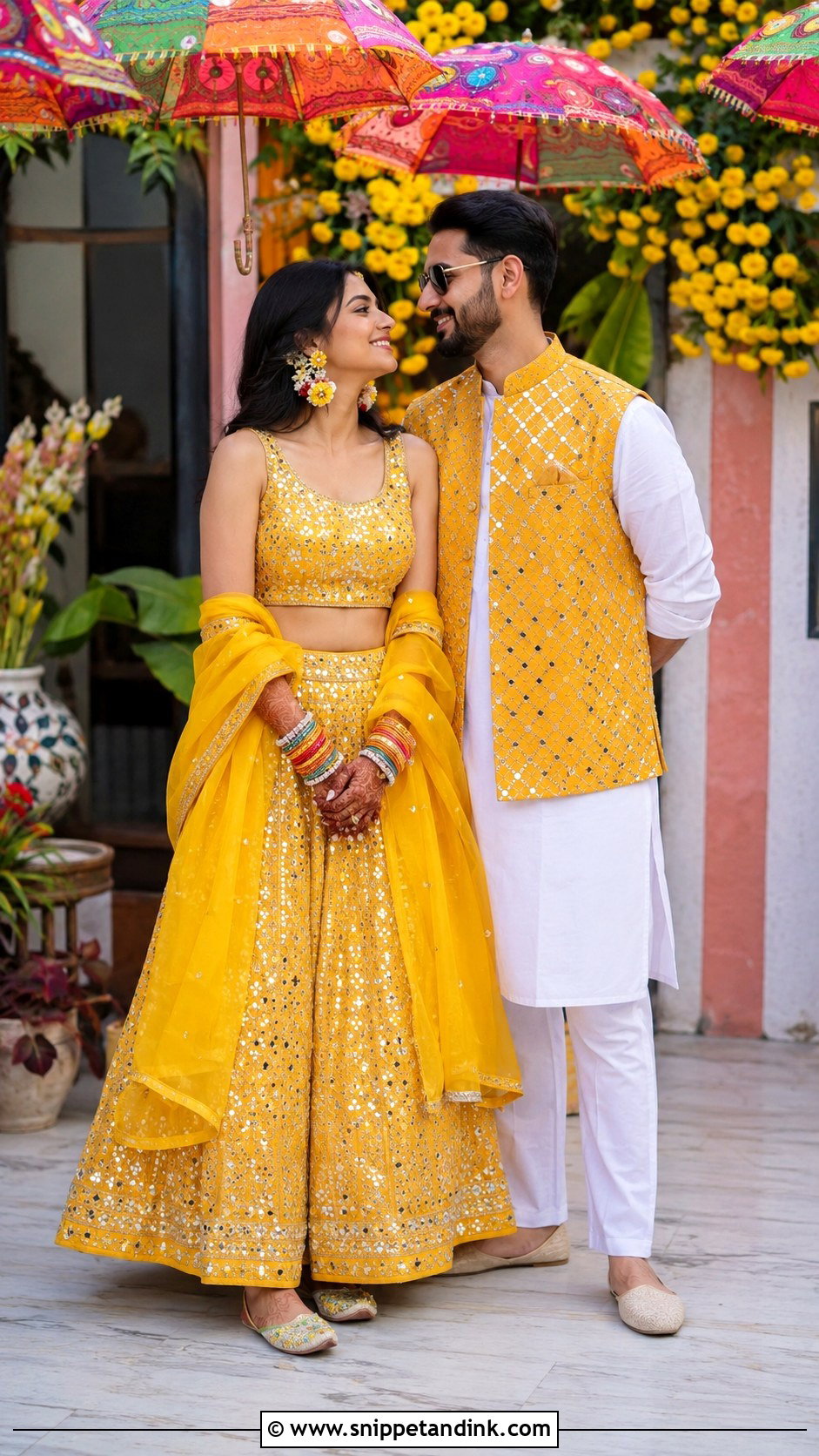 Mirror Work Lehenga And Nehru Jacket Haldi Outfits - Snippet and Ink - 20 Haldi Outfits for Couple