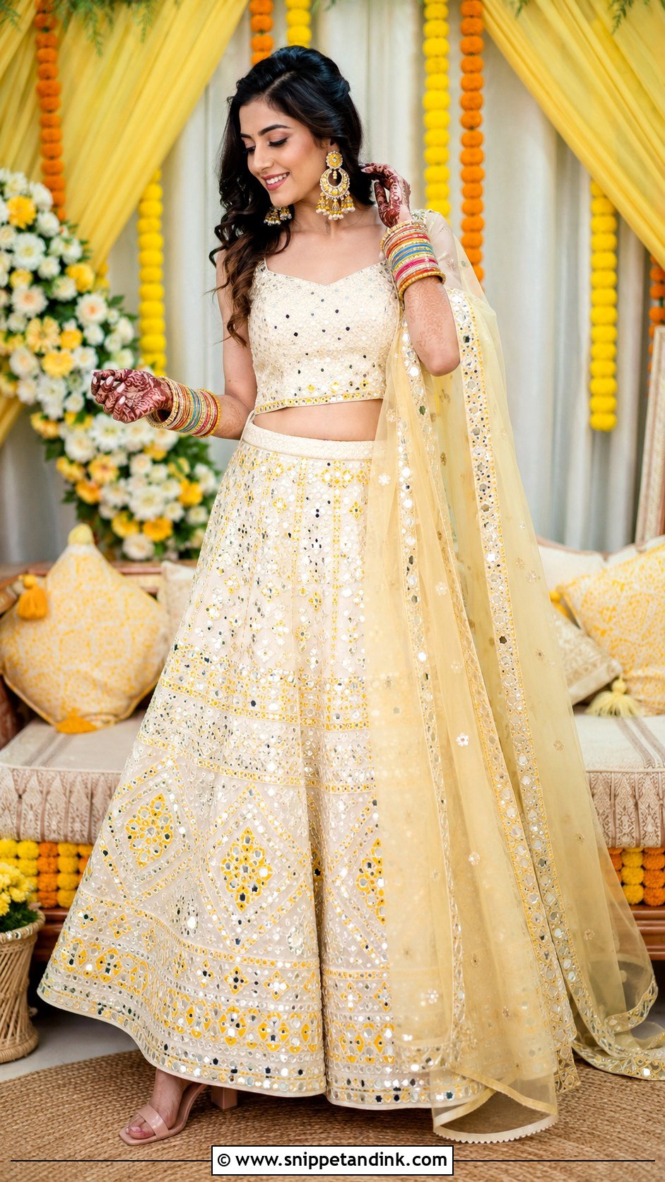 Mirror Work Lehenga Bangle Ceremony Outfit - Snippet and Ink - 25 Bangle Ceremony Outfit for Bride Ideas
