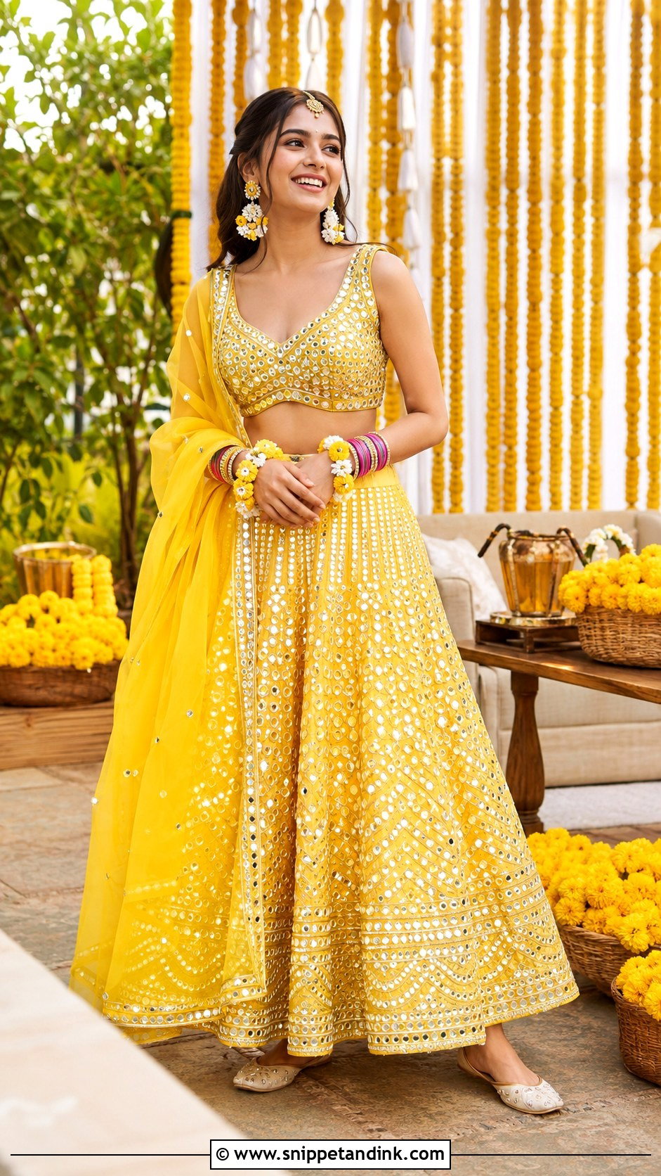 Mirror Work Lehenga Bride Haldi Outfit - Snippet and Ink - 20 Bride Haldi Outfit Ideas