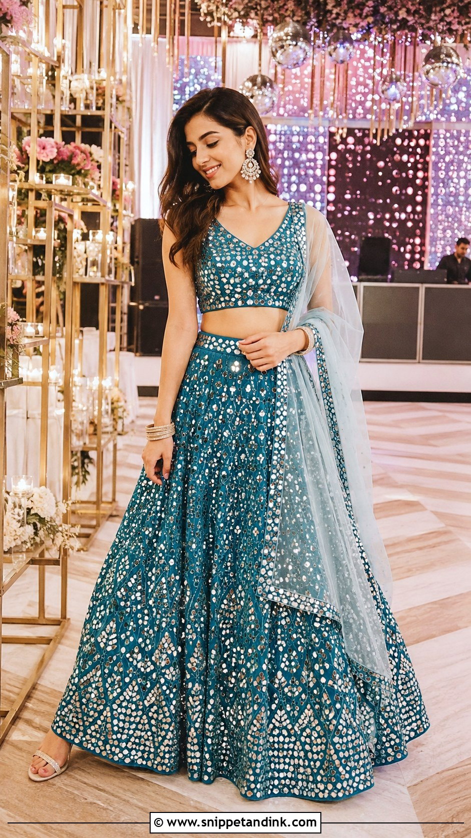 Mirror Work Lehenga Cocktail Night Outfit - Snippet and Ink - 25 Indian Wedding Cocktail Night Outfit Ideas