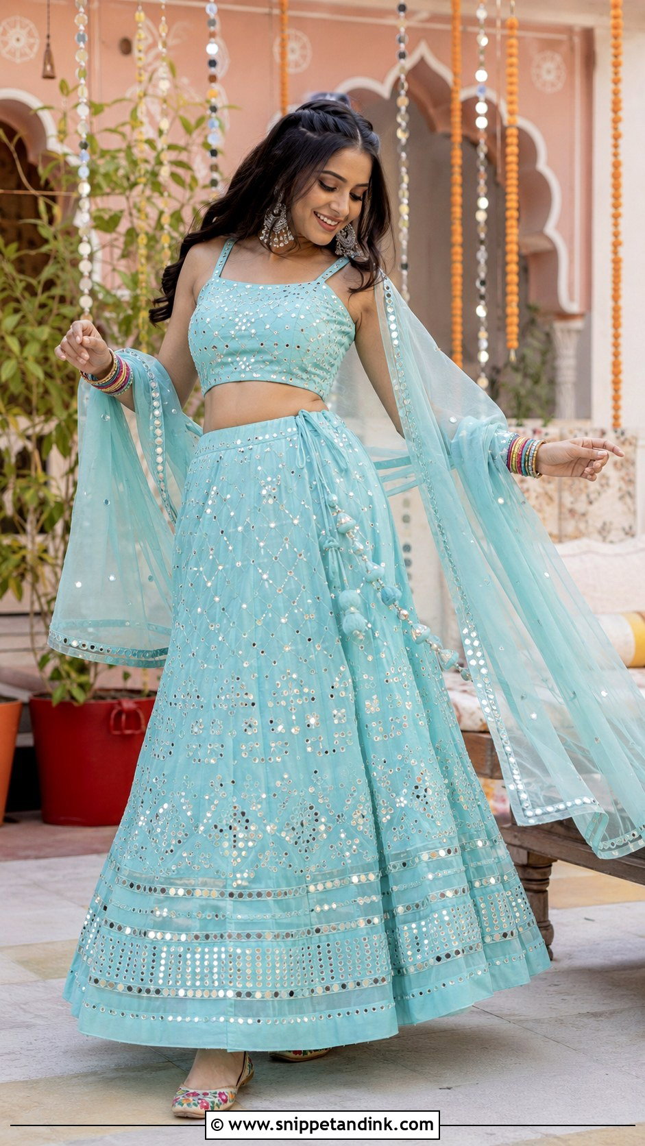 Mirror Work Lehenga For Indian Summer Wedding - Snippet and Ink - 25 Indian Summer Wedding Outfits
