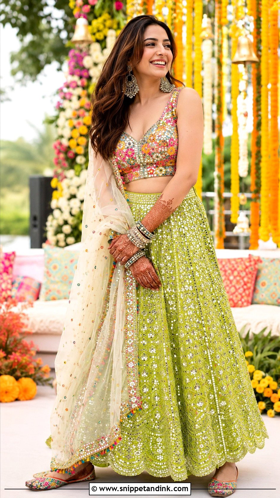 Mirror Work Lehenga For Mehendi - Snippet and Ink - 25 Indian Outfit for Brothers Wedding Ideas