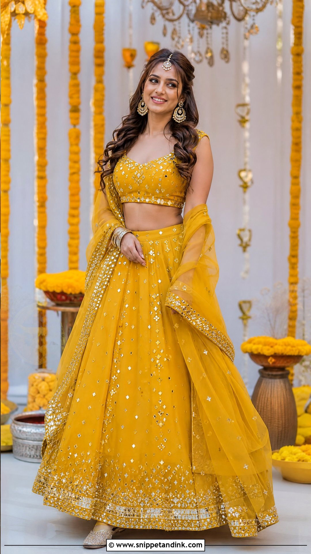Mirror Work Lehenga Haldi Outfit - Snippet and Ink - 20 Simple Haldi Ceremony Outfit for Sister Ideas