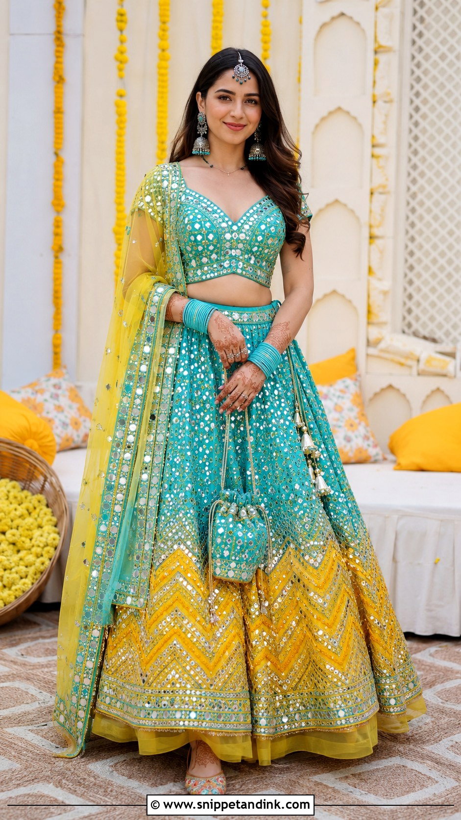 Mirror Work Lehenga Mehandi Dress for Bride - Snippet and Ink - 25 Mehandi Dress for Bride Ideas