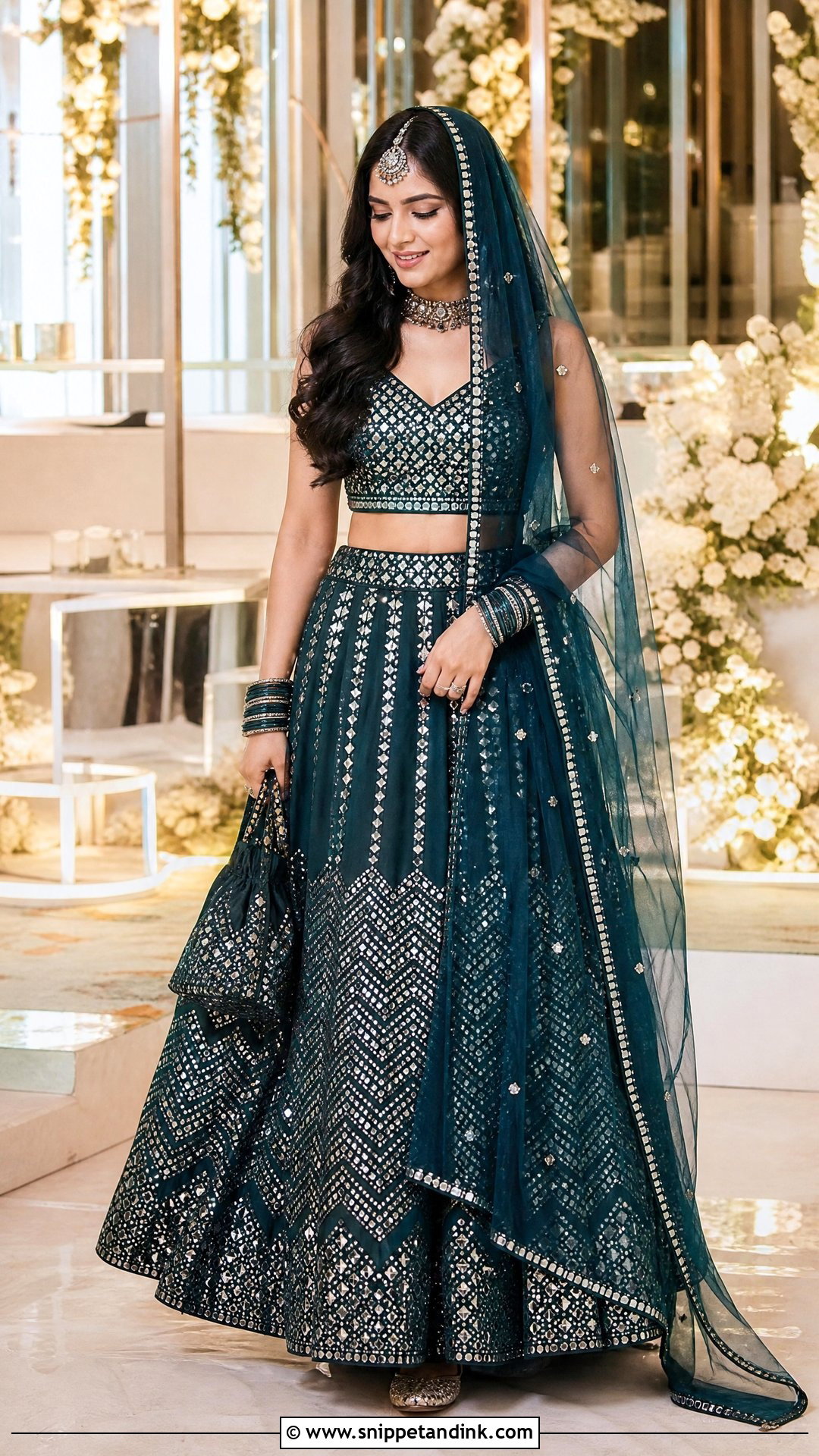 Mirror Work Lehenga With Net Trail Dupatta - Snippet and Ink - 20 Trail Dupatta Bridal Ideas