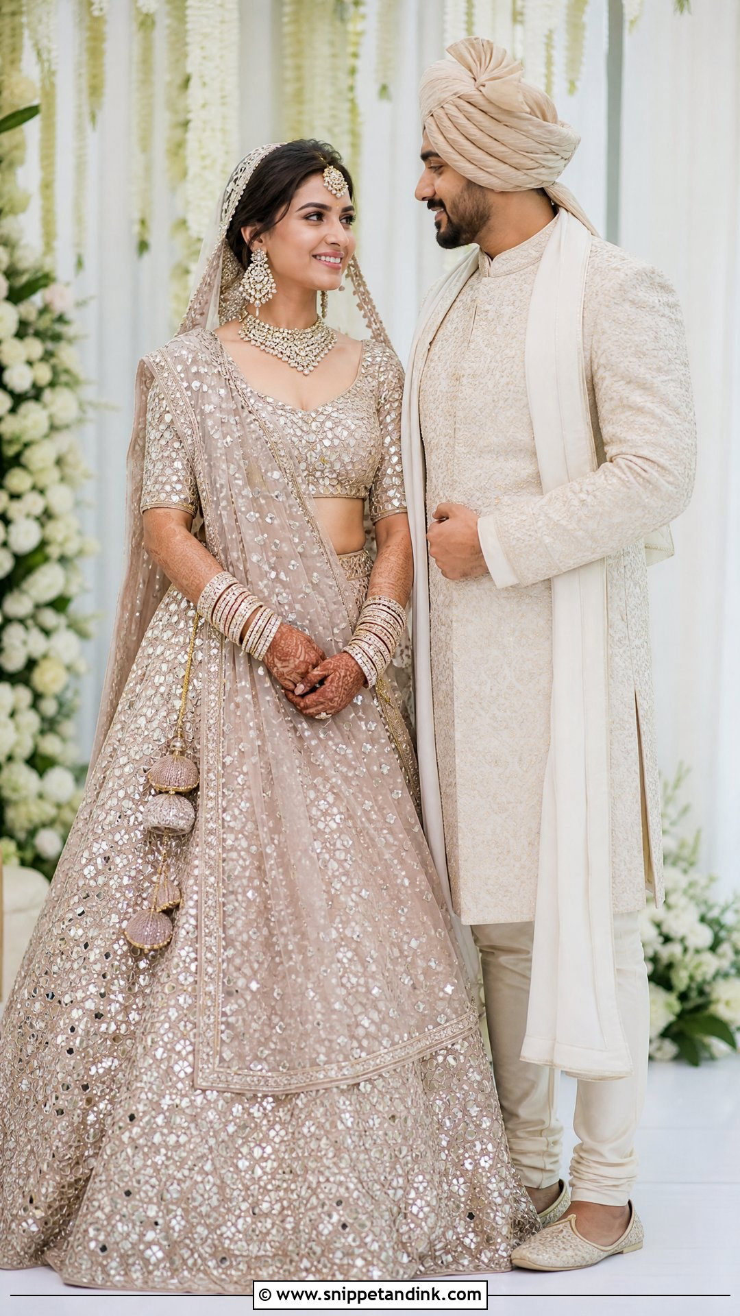 Mirror Work Lehenga With Plain Sherwani - Snippet and Ink - 25 Indian Hindu Couple Wedding Dress Ideas