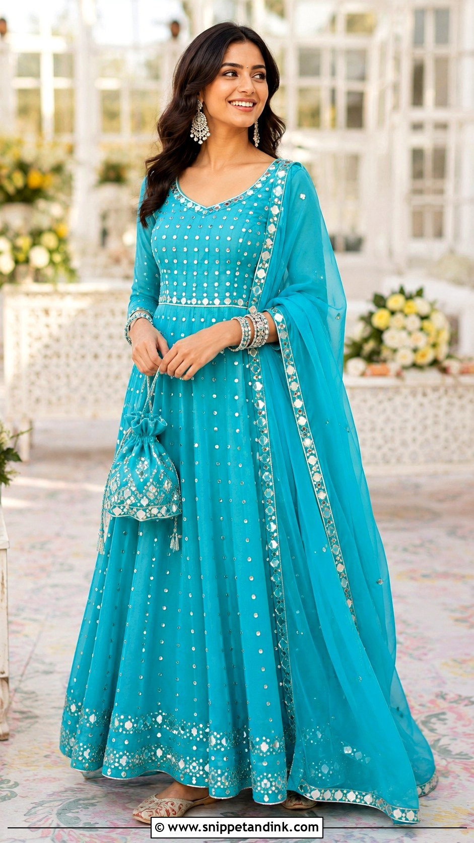 Mirror Work Long Gown With Dupatta - Snippet and Ink - 20 Long Gown with Dupatta Ideas