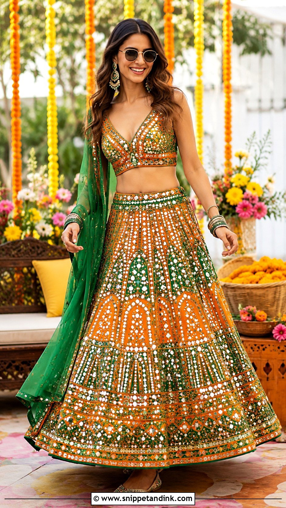 Mirror Work Mehendi Lehenga Outfit - Snippet and Ink - 30 Mehendi Dress Outfits