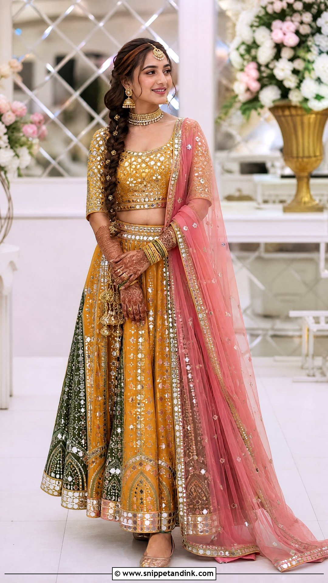 Mirror Work Mehndi Bridal Lehenga - Snippet and Ink - 20 Pakistan Mehndi Bridal Outfit Ideas