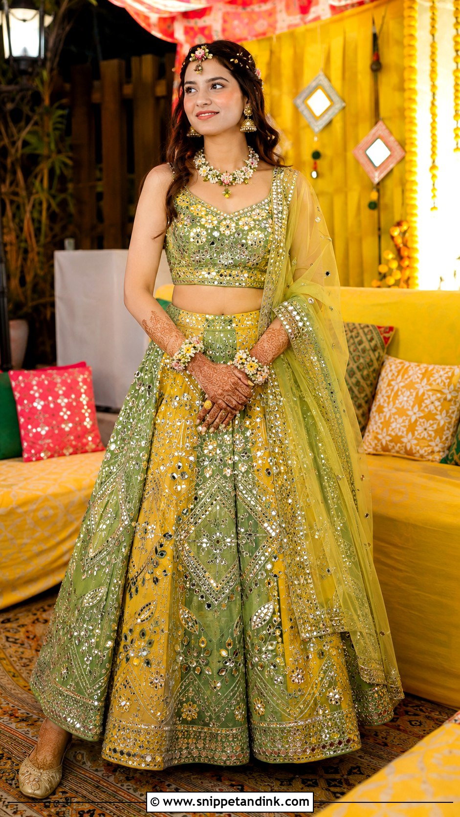 Mirror Work Mehndi Lehenga For Bride - Snippet and Ink - 25 Mehndi Dress Ideas for Bride