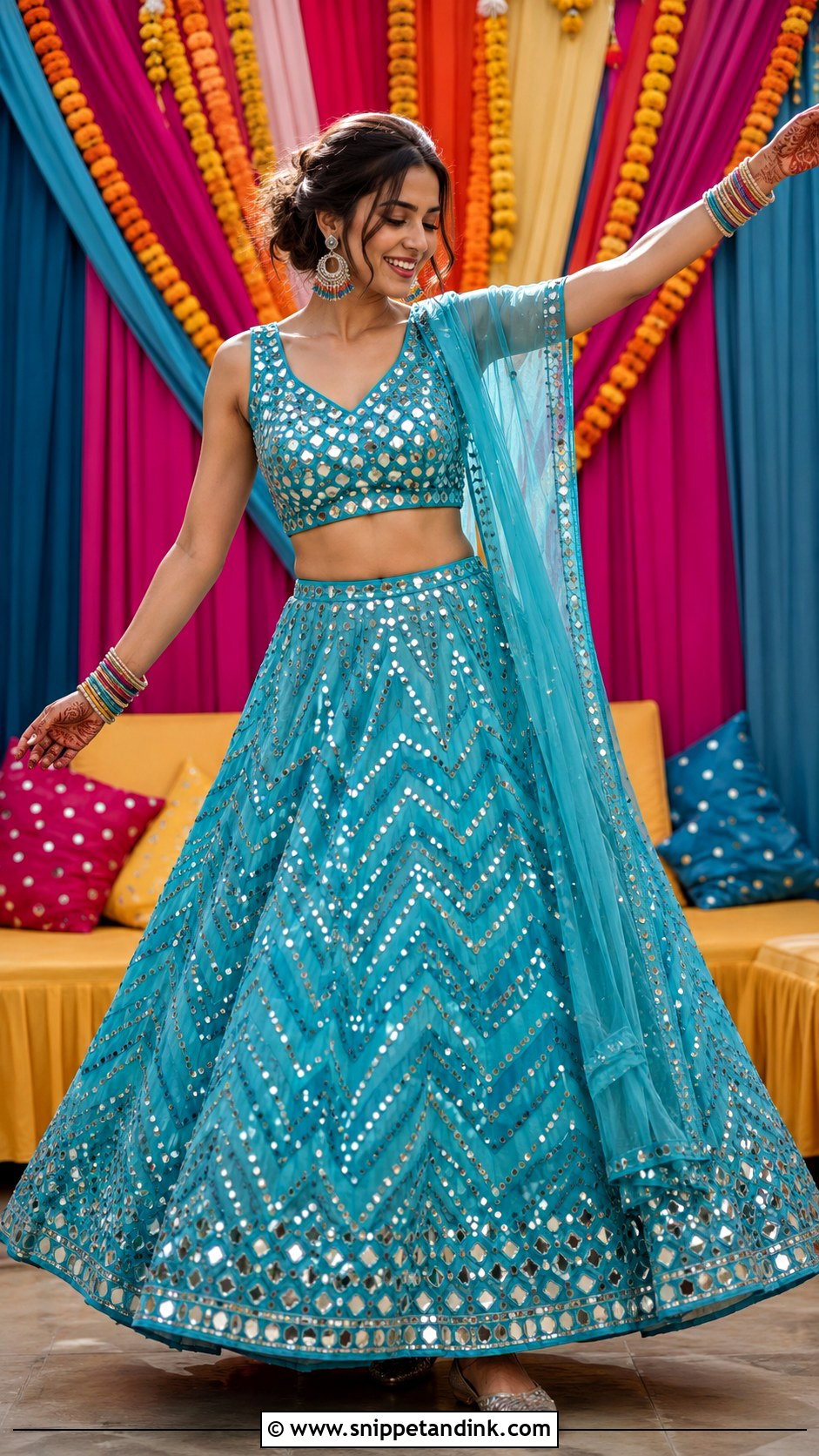 Mirror Work Mehndi Lehenga Outfit - Snippet and Ink - 30 Mehndi Outfit for Bride Ideas