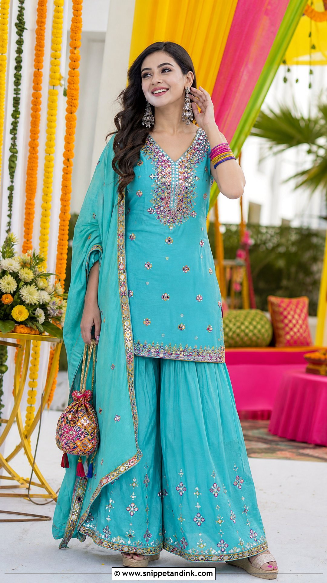 Mirror Work Palazzo Set For Mehndi - Snippet and Ink - 20 Palazos Outfit Indian Wedding Ideas