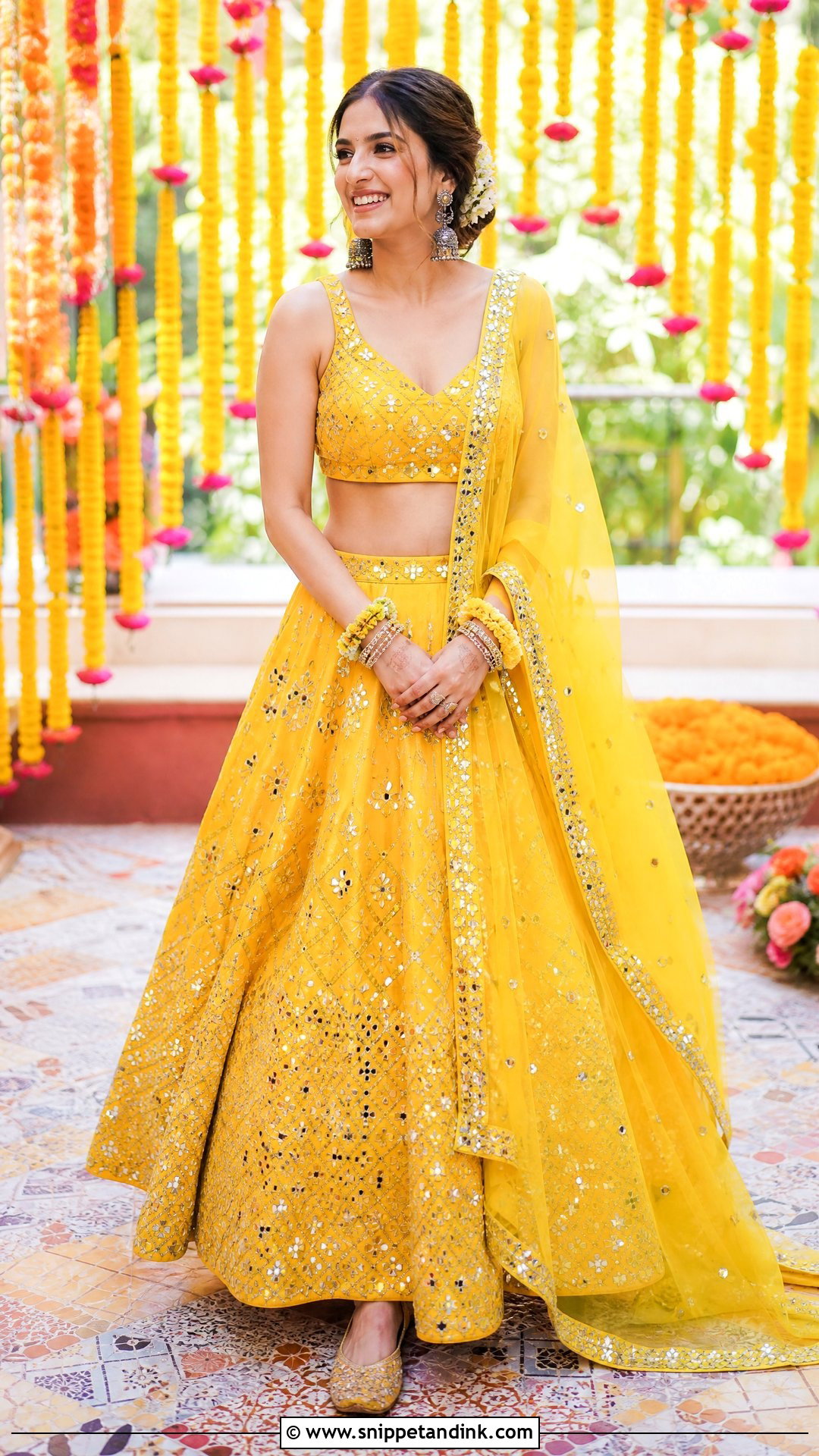 Mirror Work Pithi Lehenga For Bride - Snippet and Ink - 25 Pithi Outfit Brides Ideas