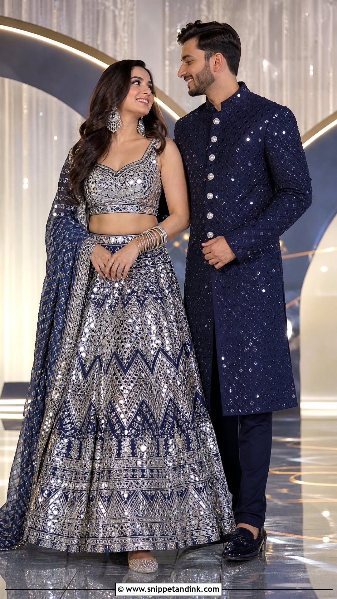 Mirror Work Sangeet Lehenga And Navy Sherwani - Snippet and Ink - 25 Indian Wedding Couple Dress Ideas