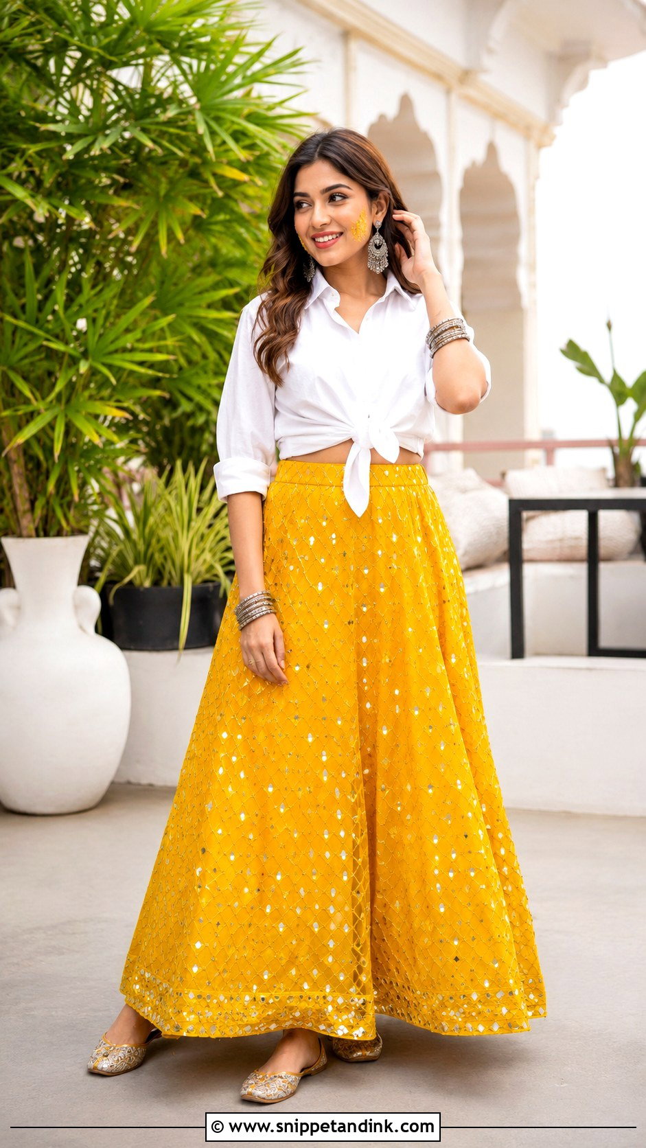 Mirror Work Skirt And Shirt Haldi Outfit - Snippet and Ink - 25 Indo Western Haldi Outfit Ideas